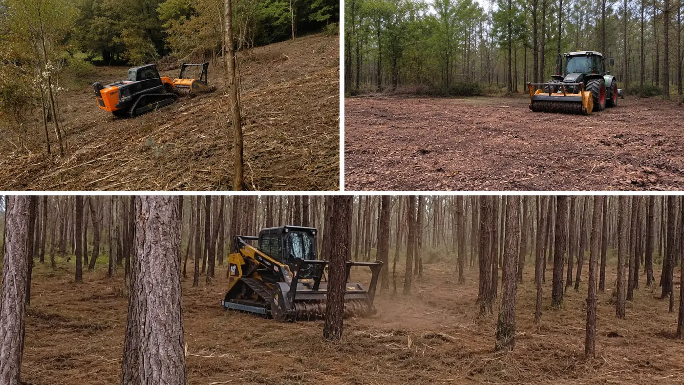 Matériel de débroussaillement mécanisé : broyeur à chenilles, tracteur forestier et chargeuse en pinède