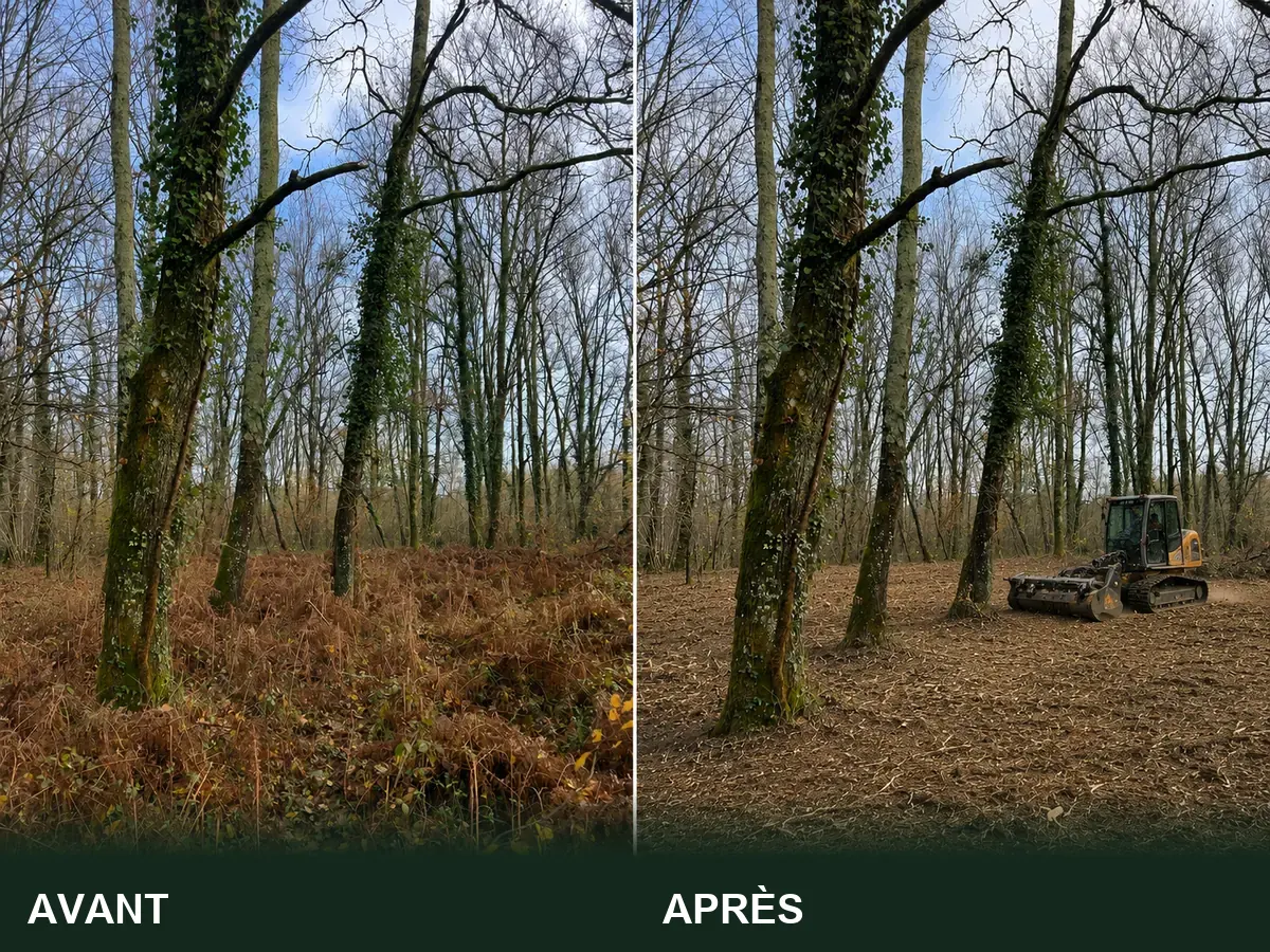 Parcelle boisée de feuillus avant et après débroussaillement réglementaire