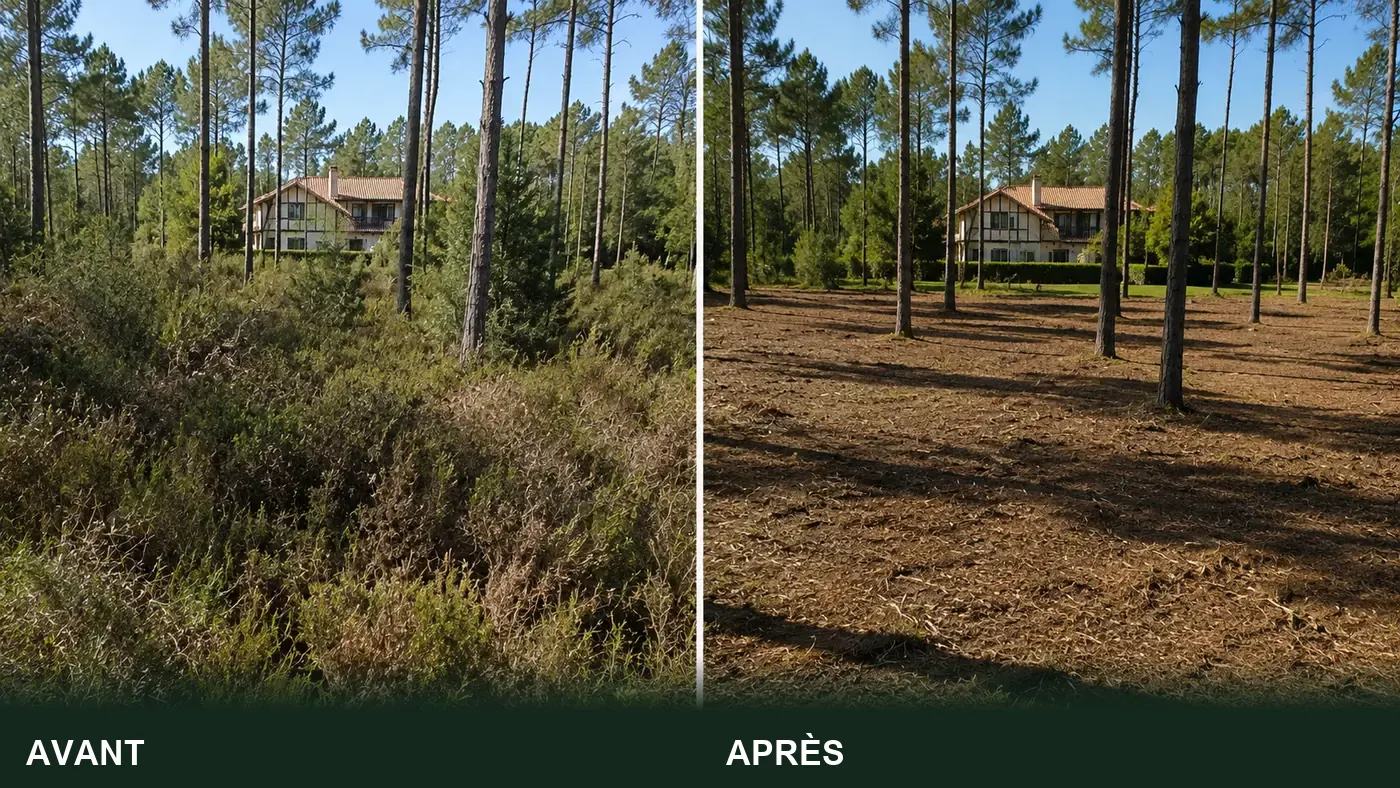 Maison en lisière de pinède : avant et après débroussaillement