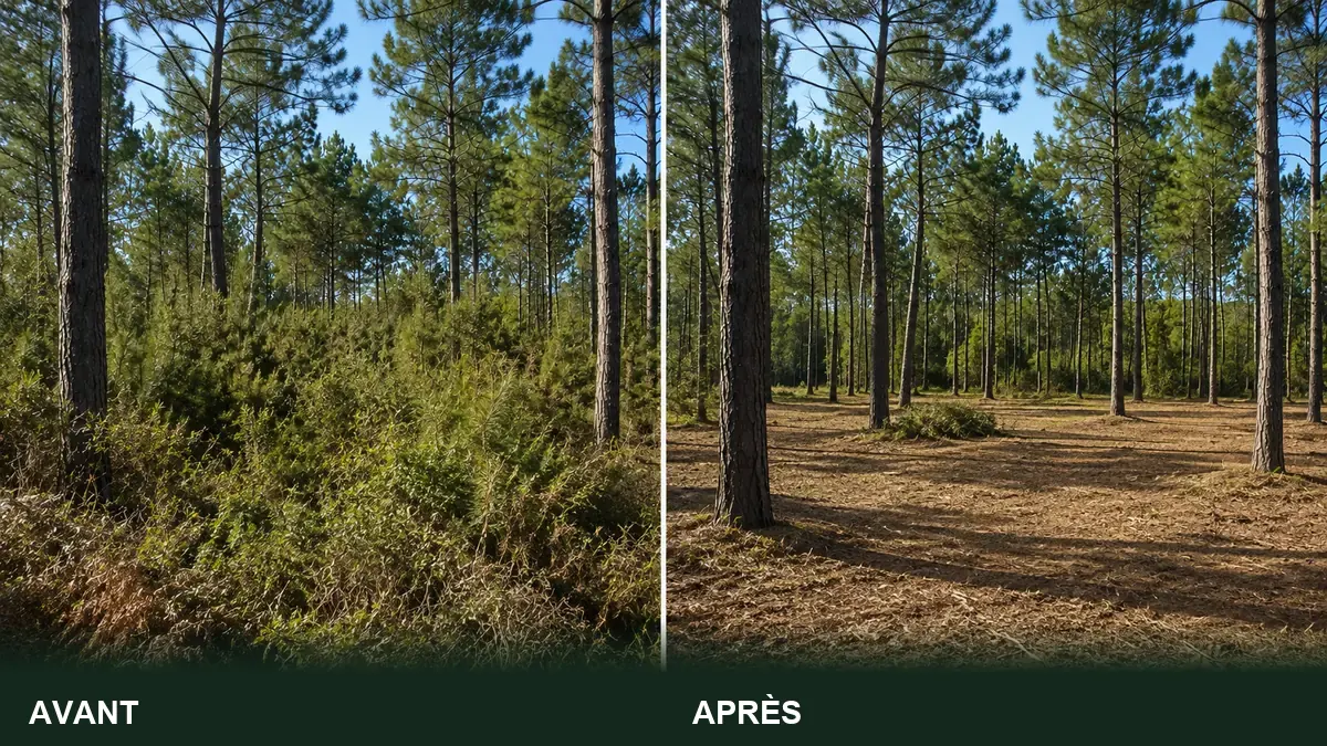 Pinède avant et après débroussaillage : strate basse et sous-bois retirés